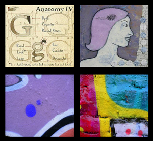 Going clockwise: An old anatomy text; a drawing of a woman with purple hair; a purple canvas with colored lines running through it; a wall covered in blue, pink, and yellow graffiti.