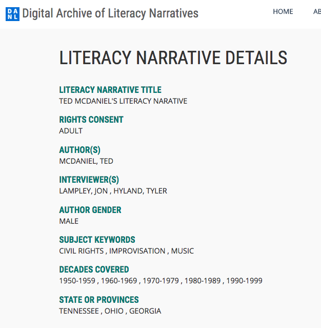 Individual DALN submissions include a variety of author-generated metadata.