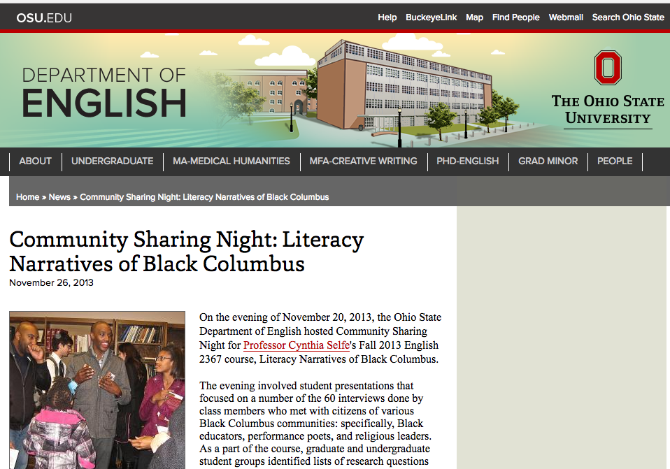 The community sharing event allows students and community members to celebrate the learning and service that occurred during the course: see https://english.osu.edu/news/community-sharing-night-literacy-narratives-black-columbus.
