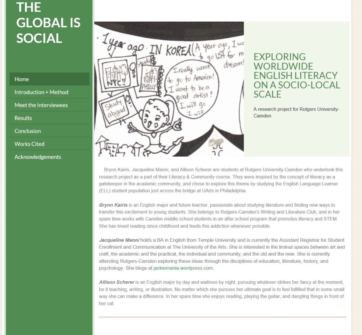 Figure 1. The homepage for our project, “The Global Is Social: Exploring Worldwide English Literacy on a Socio-Local Scale”