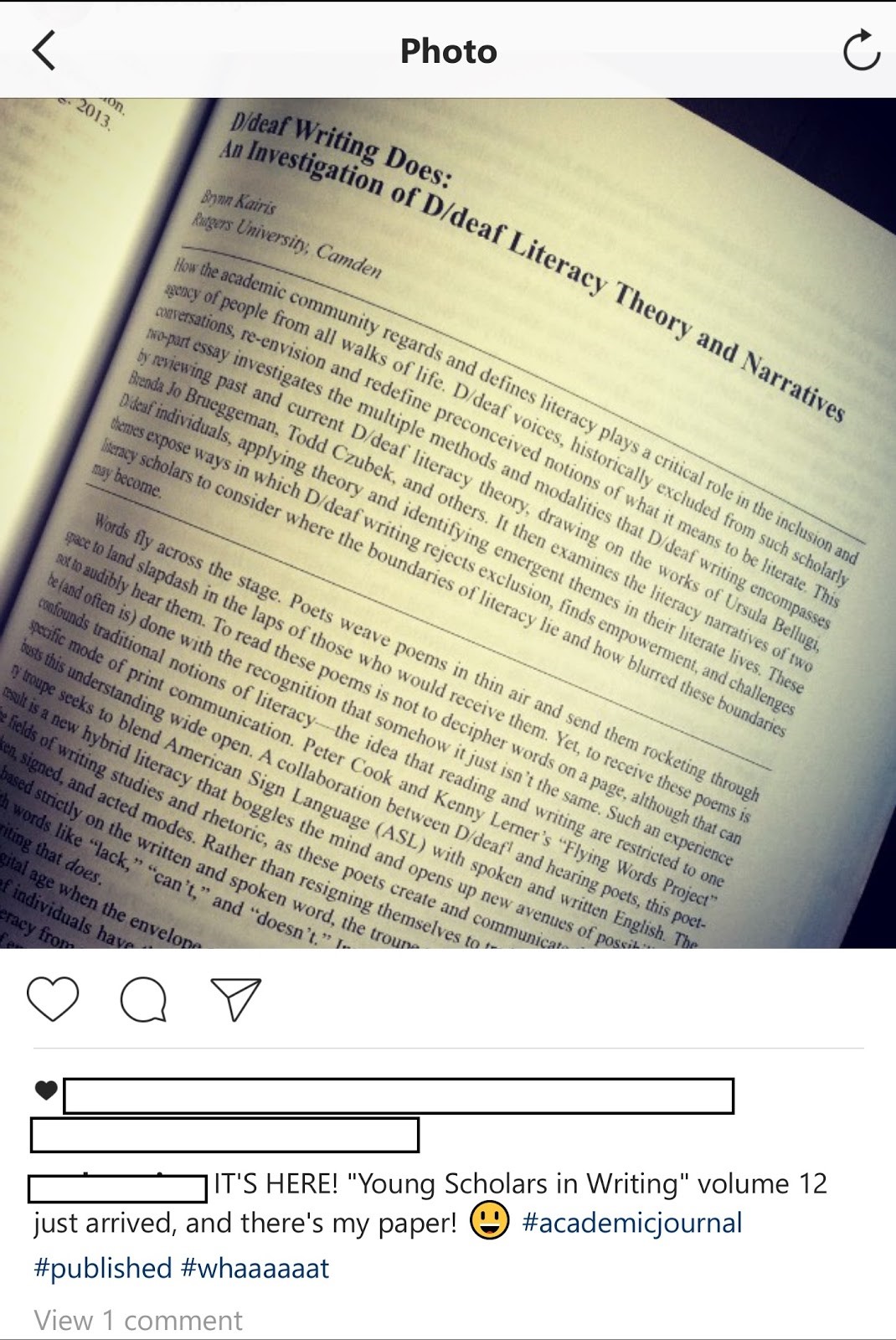 Figure 4. Instagram post from the day my print copy of Young Scholars in Writing arrived.
