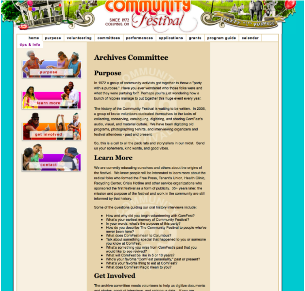 Figure 3: Screenshot of ComFest’s Archives Committee webpage (ComFest, 2016). Though the committee has a page, the items in the archives are not available online or outside of the weekend-long festival in June. Please note that there has been discussion about collecting oral histories of ComFest and digitizing current records.