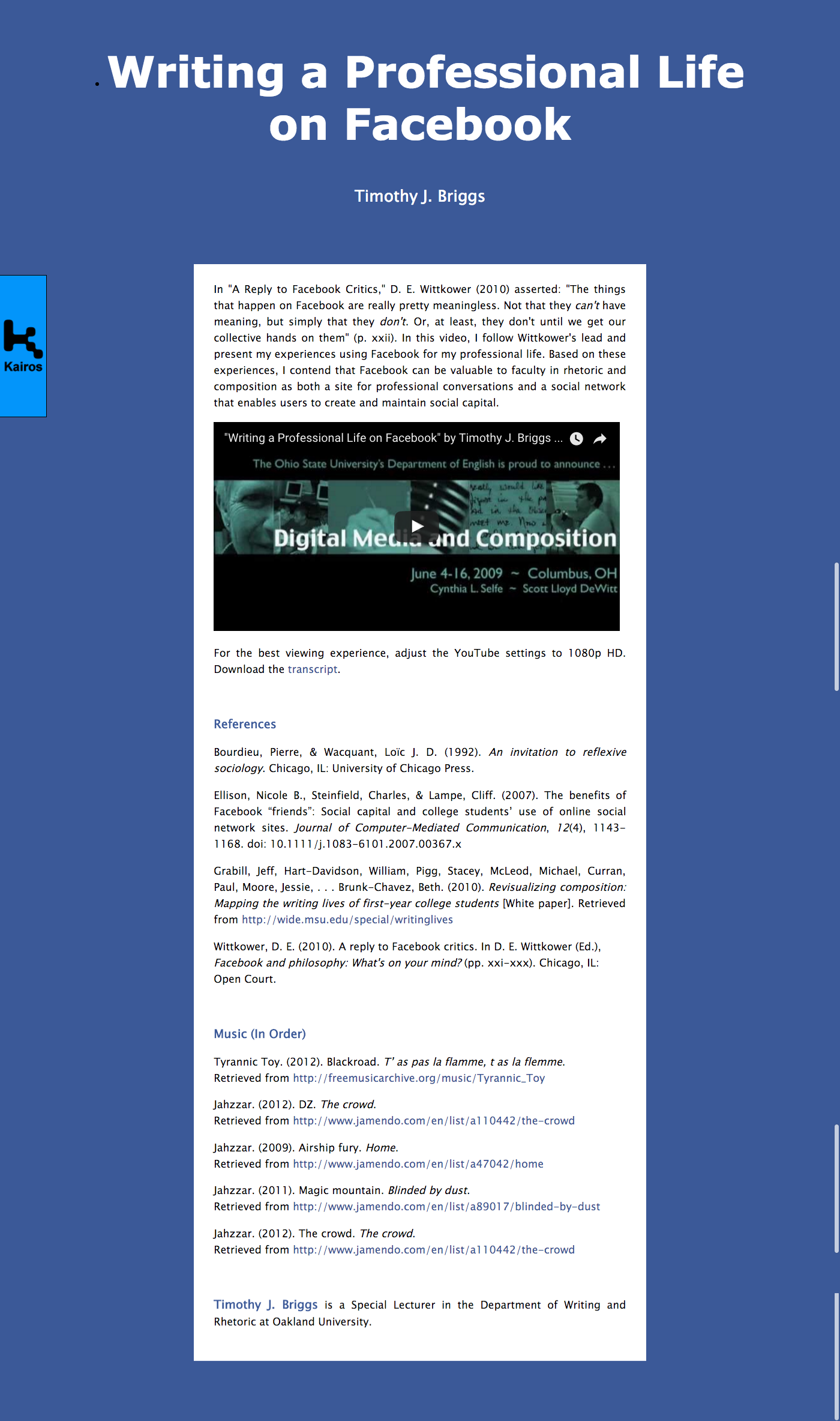 Fig. 4. Screenshot of Briggs’ (2013) literacy narrative piece “Writing a Professional Life on Facebook,” available online through Kairos: A Journal of Rhetoric, Technology, and Pedagogy.