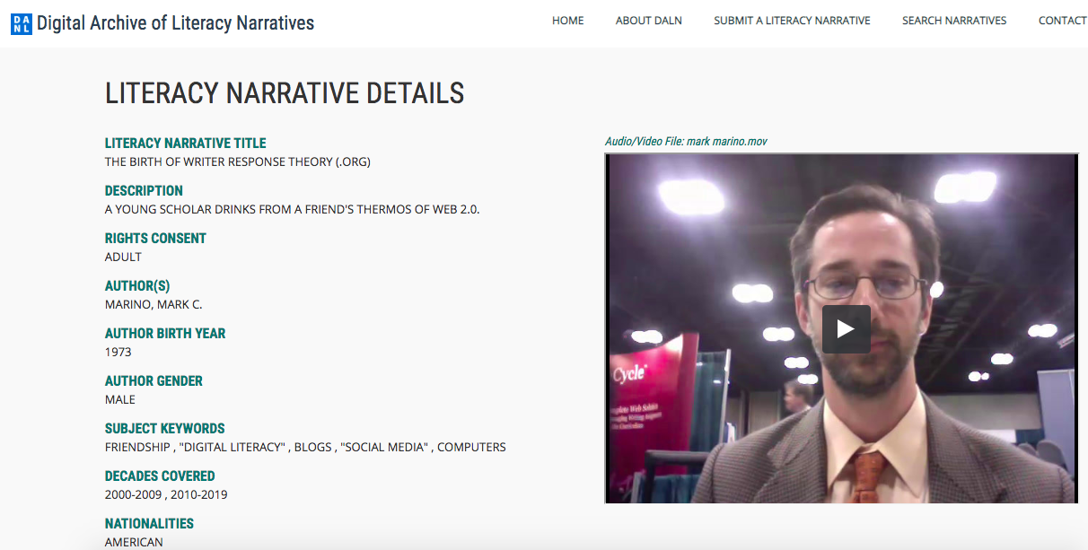 Fig. 7. Screenshot of DALN Archive #1359, home of Marino’s “The Birth of Writer Response Theory (.org).” The green square shows the prominent location of the narratives “Description” near the top of the interface, just below Marino’s name and the narrative’s title.