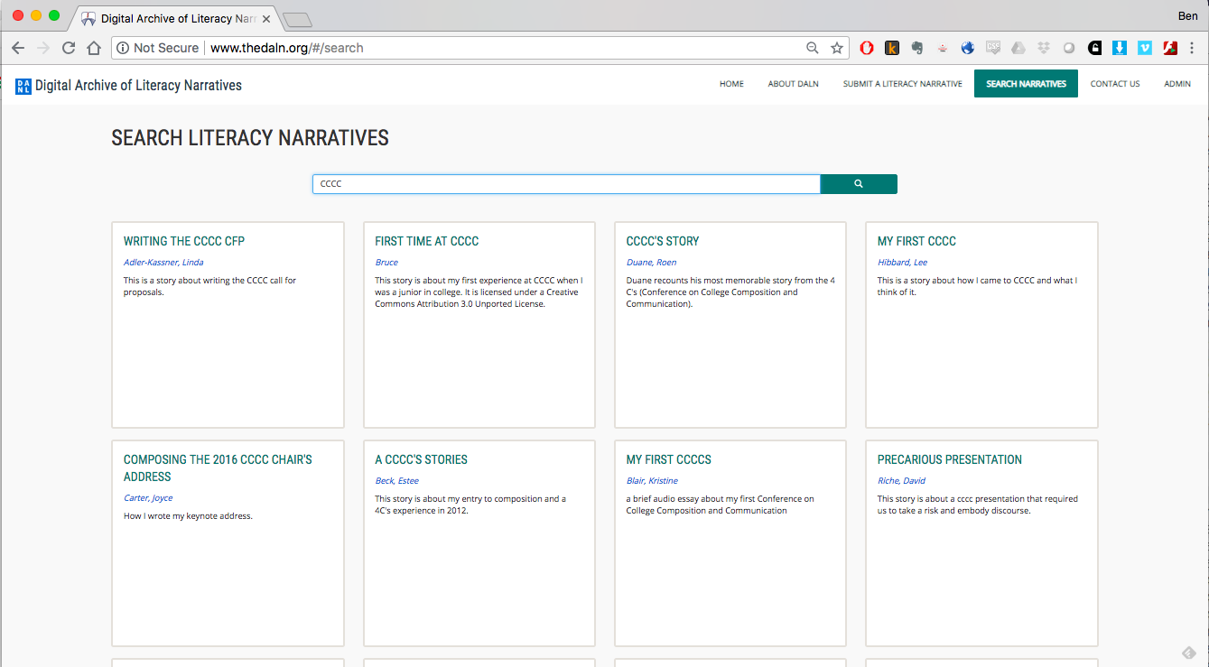 Fig. 1. Screenshot of DALN search interface, with results for the search query “cccc” to find narratives collected at the Conference on College Composition and Communication.