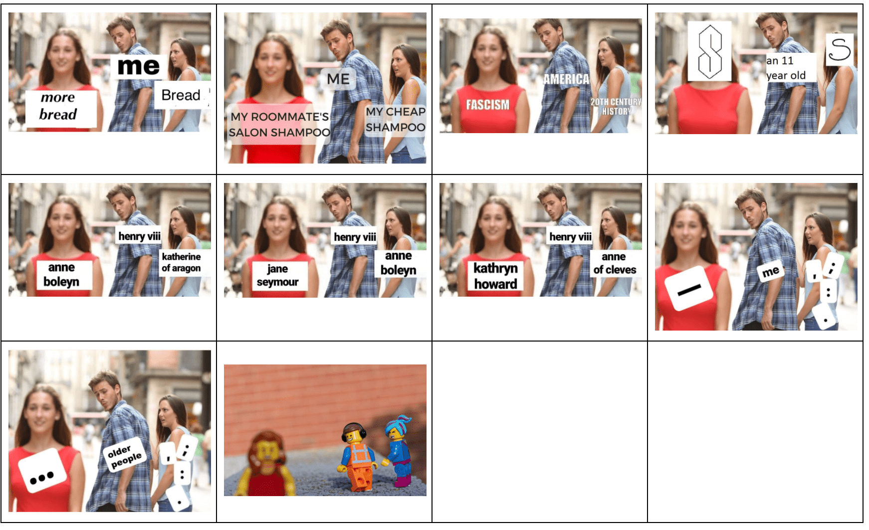 A table with 3 rows and 4 columns containing an image in each cell. The images are different remixes, or versions, of the Distracted Boyfriend meme. This meme is based on a stock photo containing three people. In the stock photo, a woman in a red dress is walking in the direction of the camera on the far left side of the image. A man in a blue plaid shirt is in the center of the image walking the opposite direction but is turning to look at the back of the woman in the red dress. Another woman in a blue shirt is on the far right side of the image, holding hands with the man, and looking at him with an irritated, shocked look. The facial expressions represent the man being more interested in the woman on the left over the woman on the right. In remixes, the three people are covered with either texts or images, resulting in a comparison or judgement made by the man character about the two women characters. Some remixes recreate the original stock photo with other people or toys in the same positions as original figures.