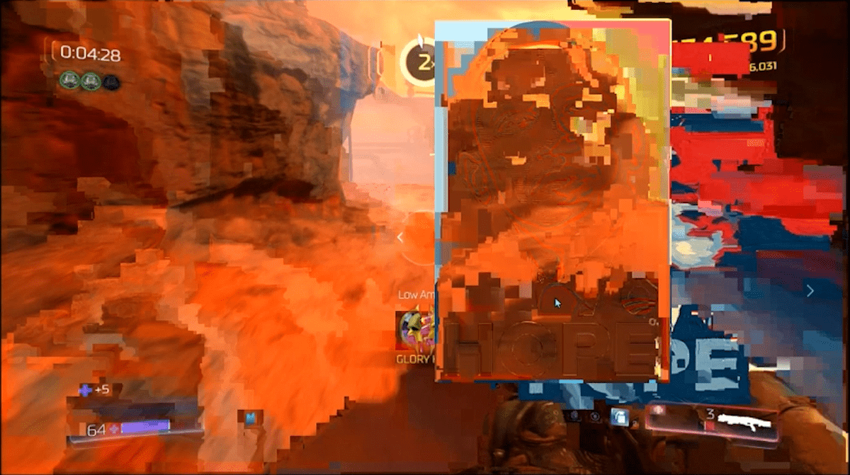 An image meld between the Obama Hope poster and DOOM (2016) displaying part of the frame and the structure of the image that has absorbed much of the color, shading, and landscape from DOOM while the visual information of the Obama Hope poster has been pushed outside of the image.
