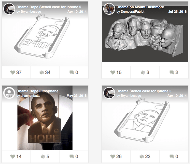 3D printed designs and remixes featuring Barack Obama from the website Thingiverse. The designs included show a Mount Rushmore with Obama added, a 3D printed lithophane, several iPhone cases, a hybrid animal called Baracktopus that looks like an octopus with Obama’s head, and an Obama Llama which is a Llama design with Obama’s head
