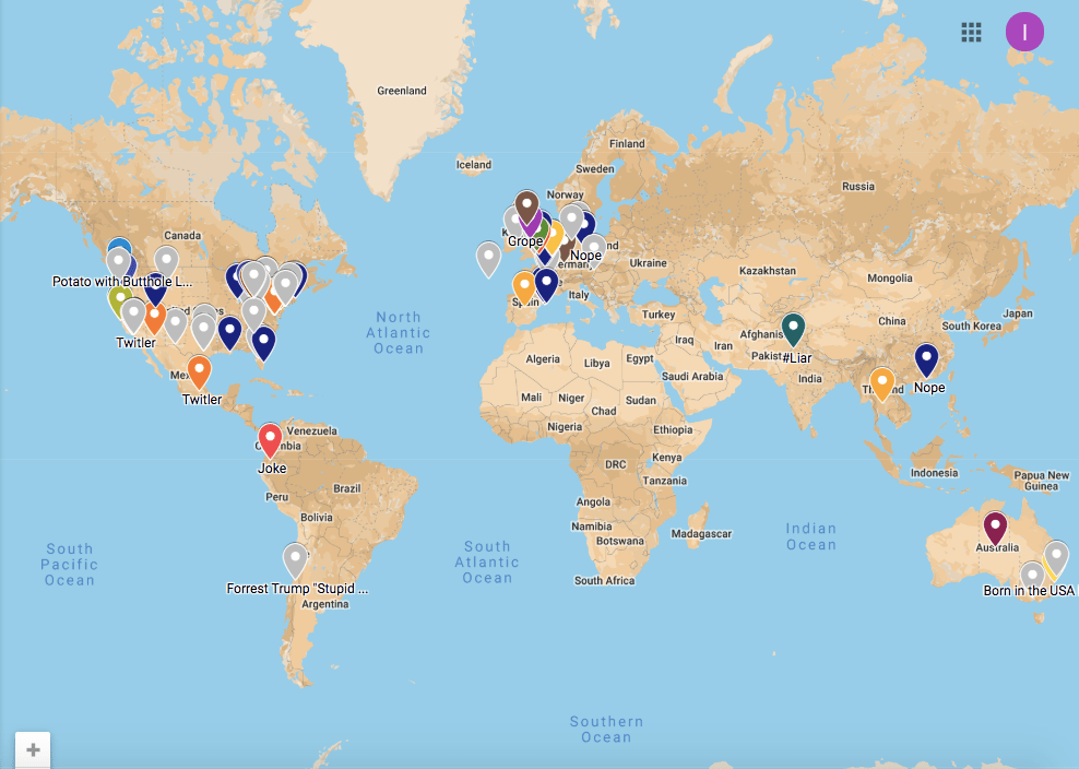 Still Image of Google Map with markers documenting 115 geographical locations in which Trumpicons have surfaced since 2011.