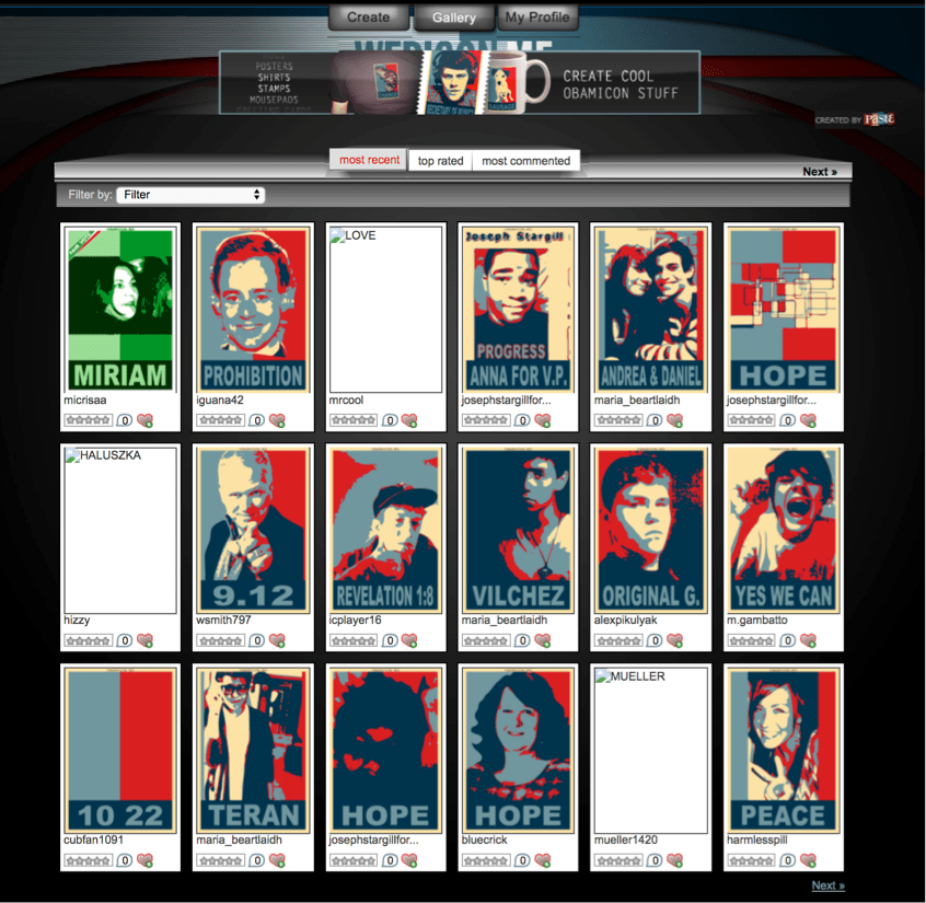 A screenshot of the Webicon.Me gallery from the Wayback Machine featuring webicons created by visitors to the site. Some feature the word saying hope, while others feature customized captions reading peace or prohibition. Most are in the Obamicon style but there is also a single image in the all-green Iranicon style.
