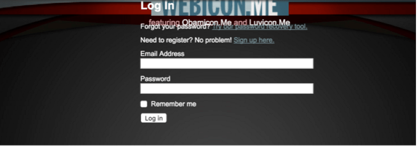 The registration page for Obamicon.Me, as preserved by the Wayback Machine, featuring skewed and overlapping text.