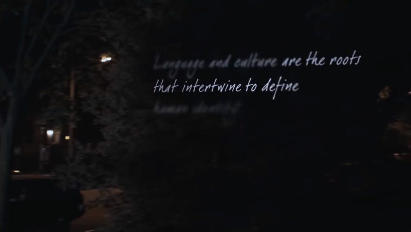A dark night scene is shown. White open captions appear in three handwritten lines. The top and bottom line are blurred while the middle line reads "that intertwine to define." Put together, the captions read, "Language and culture are the roots that intertwine to define human identity."