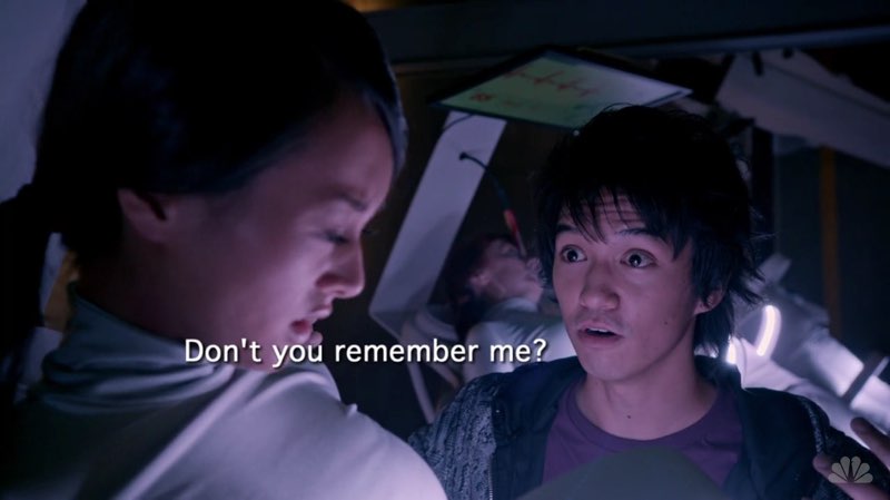 Miko is beginning to wake up and Ren looks at her with a hopeful look on his face. He asks, "Don't you remember me?" The subtitles appear in a line connecting her face to his face.