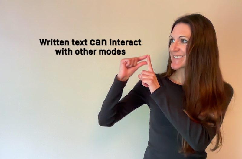 Janine Butler is looking at the space next to her while signing "text." Subtitles appear next to her hands that read “Written text can interact with other modes" The word “can” is larger than the other words.