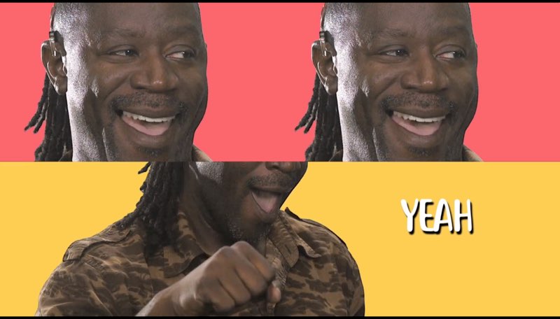 Wawa is shown in two parts of a split screen. The top half shows a close-up of his smiling face appearing twice against a red background as his eyes look left. The bottom half shows his face and upper chest against a yellow background as he signs, "Yeah." The white text to his left reads "Yeah."