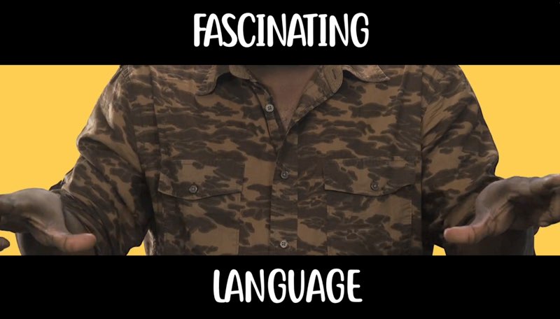 Wawa signs and sings in front of a yellow background. Only his upper body is shown as he signs "language." White text appears at the black band at the top and the bottom of the screen: “Fascinating language.”