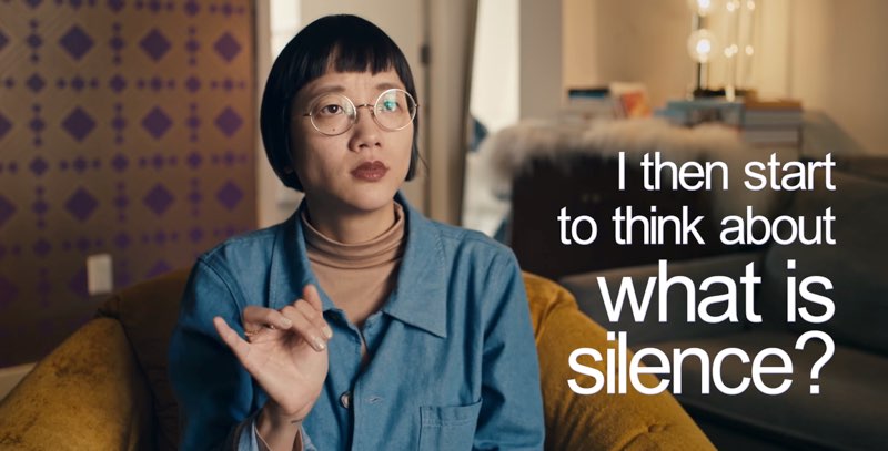 Kim continues, with the captions reading, “I then start to think about what is silence?” The last three words are larger than the others for emphasis.